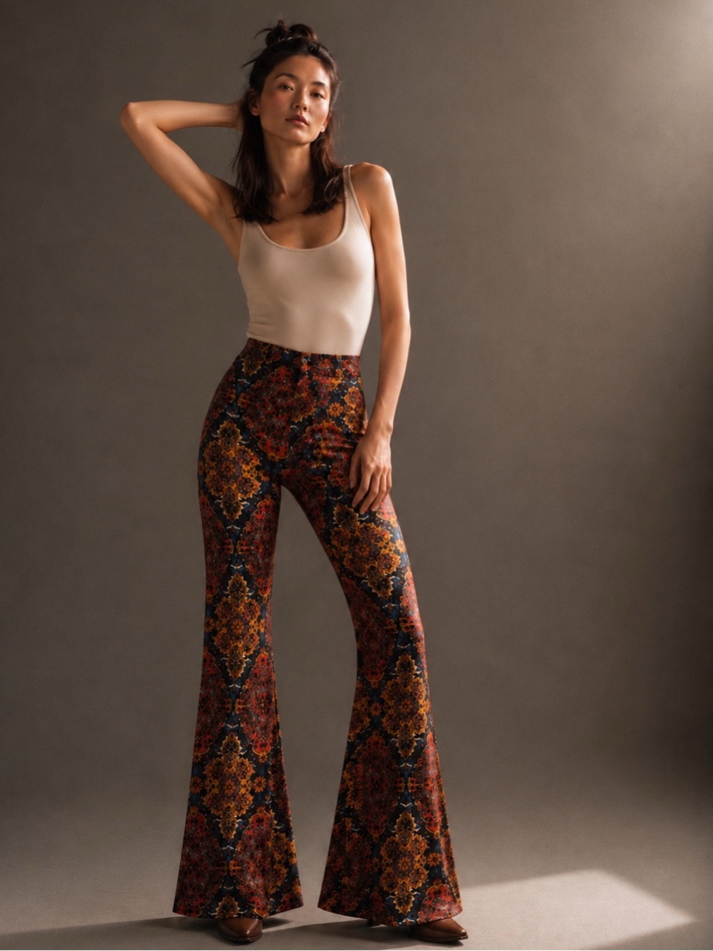 Free People Printed Flare Pull-On Pants Boho Stretch Knit
